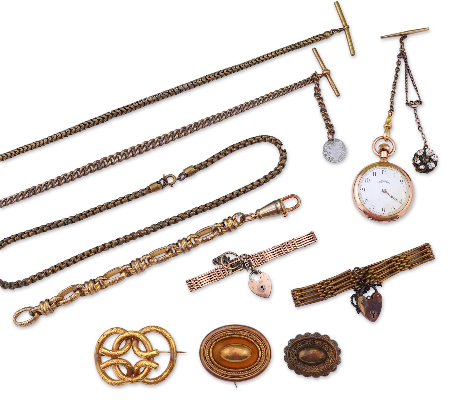 A group of gilt metal/pinchbeck jewels, 19th and early 20th century, comprising: a brooch of knotted design; two gate bracelets; a fancy link bracelet; an open-faced pocket watch; two oval panel brooches, and two watch c